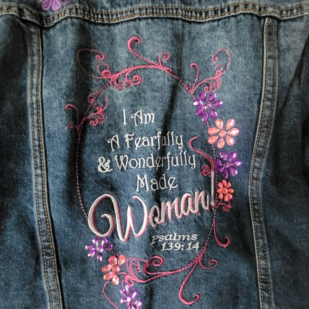 Embroidered Denim Jacket - Blue with Pink and Purple Accents - Picture 3 of 5